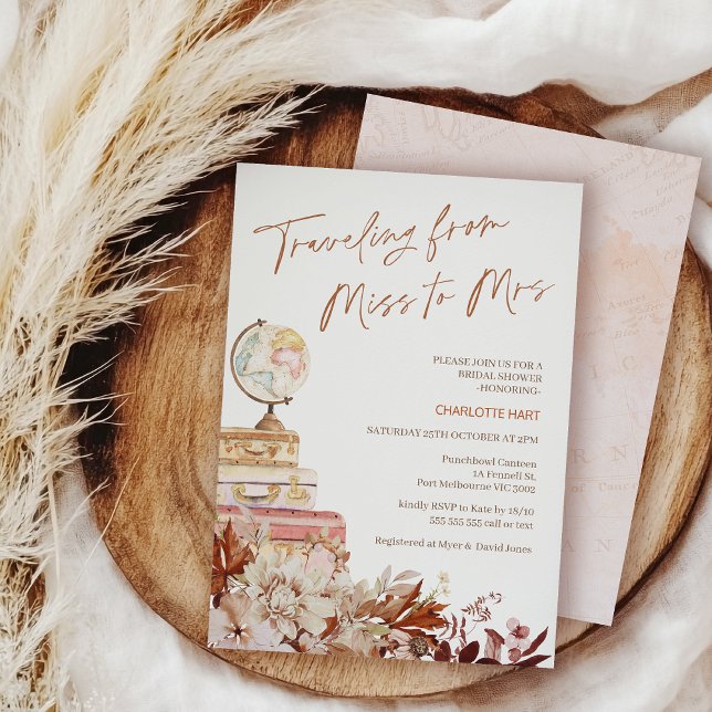 Boho Brown Fall Traveling Miss Mrs Bridal Shower Invitation (Rustic Traveling for Miss To Mrs Bridal Shower Invitation Template, Miss To Mrs Bridal Invitation)