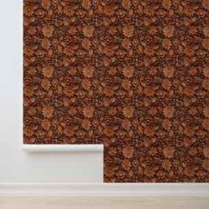 Boho Brown Faux Leather Floral  Wallpaper