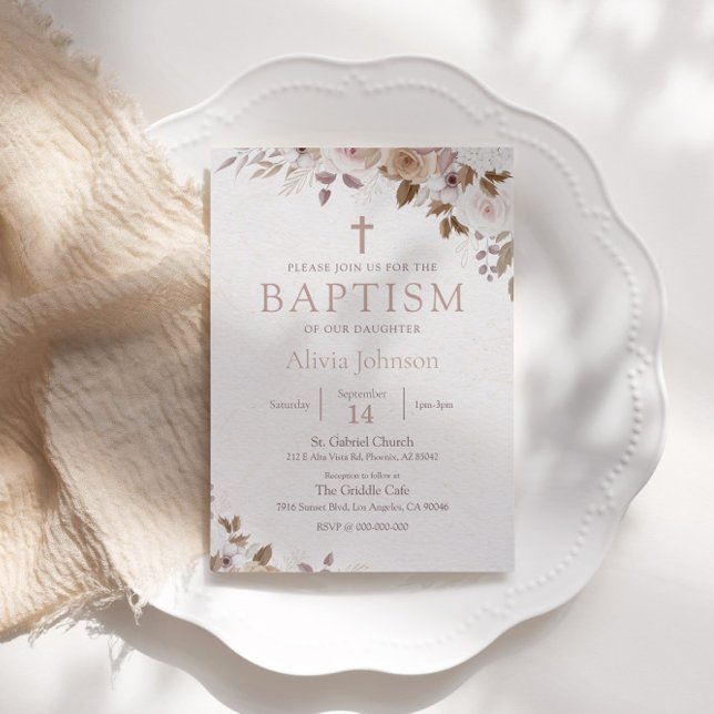 Boho Brown Floral Baptism Christening Invitation (Creator Uploaded)