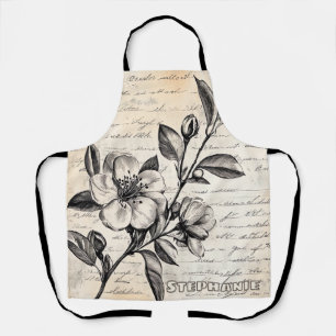 Boho Brown Floral Sketch Vintage Parchment Apron