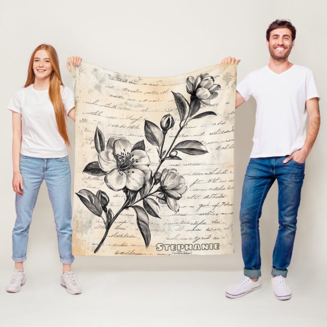 Boho Brown Floral Sketch Vintage Parchment Fleece Blanket (In Situ)