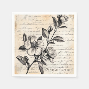 Boho Brown Floral Sketch Vintage Parchment Napkin