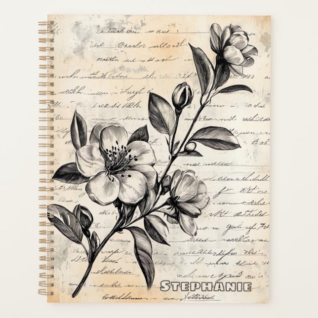 Boho Brown Floral Sketch Vintage Parchment Planner (Front)