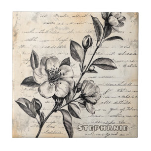 Boho Brown Floral Sketch Vintage Parchment Tile