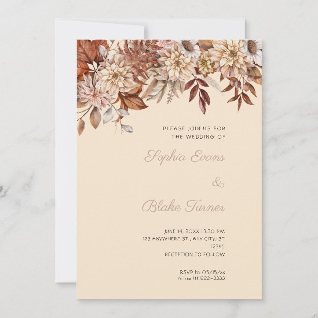 Boho Brown Floral Winter Champagne Wedding Invitation (Front)