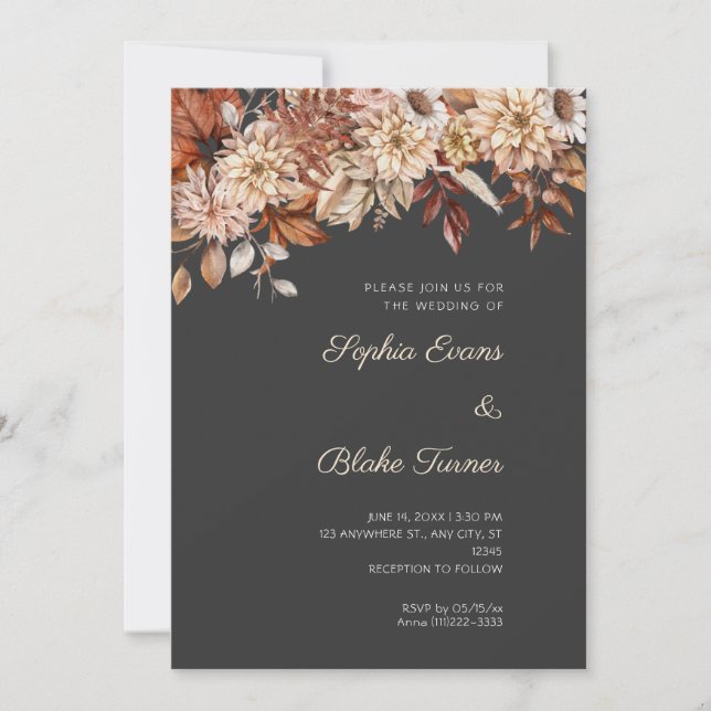 Boho Brown Floral Winter Pebble Grey Wedding Invitation (Front)