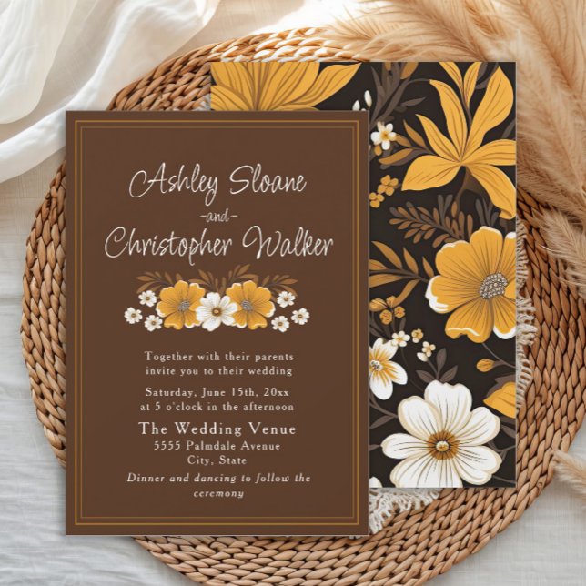 Boho Brown Gold Floral Autumn Wedding Invitation (Brown and yellow floral wedding invitation)