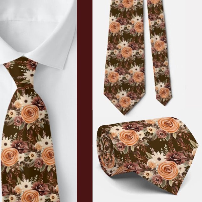Boho Brown Gold Floral Watercolor Flowers Wedding Tie (Creator Uploaded)