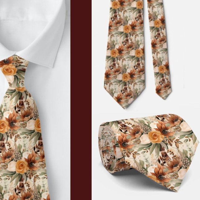 Boho Brown Gold Floral Watercolor Flowers Wedding Tie (Creator Uploaded)