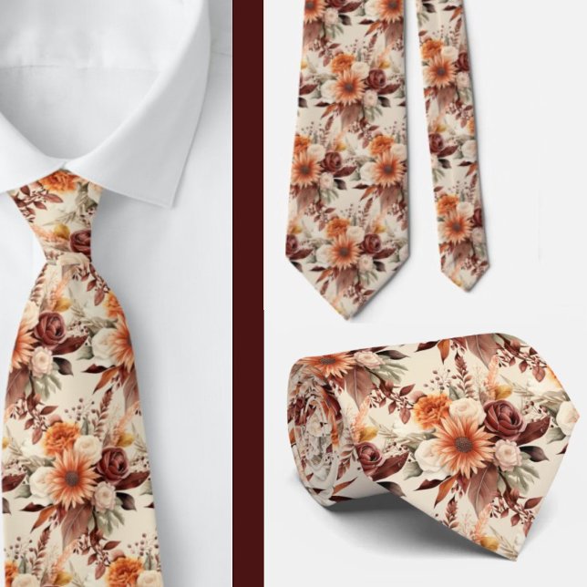 Boho Brown Gold Floral Watercolor Flowers Wedding  Tie (Creator Uploaded)