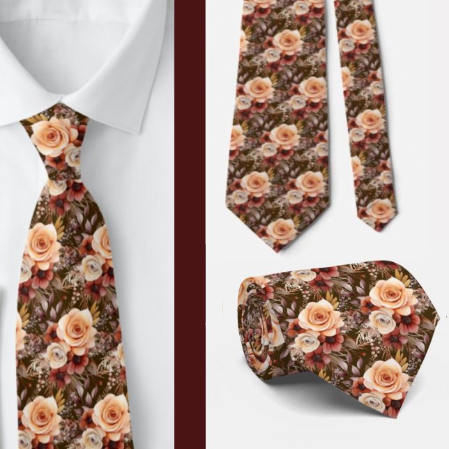 Boho Brown Gold Floral Watercolor Flowers Wedding Tie (Creator Uploaded)