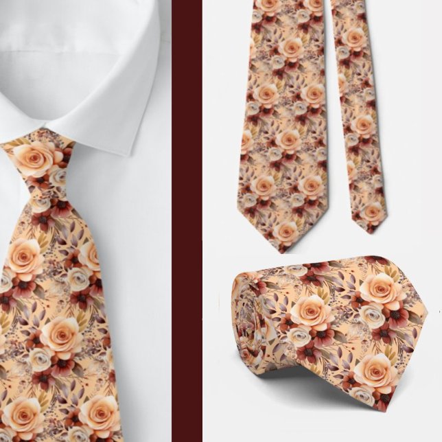 Boho Brown Gold Floral Watercolor Flowers Wedding Tie (Creator Uploaded)