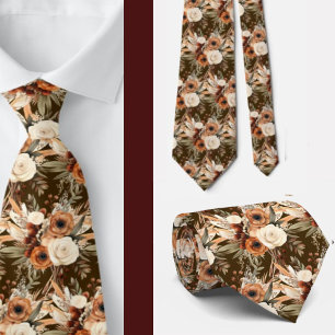 Boho Brown Gold Floral Watercolor Flowers Wedding Tie