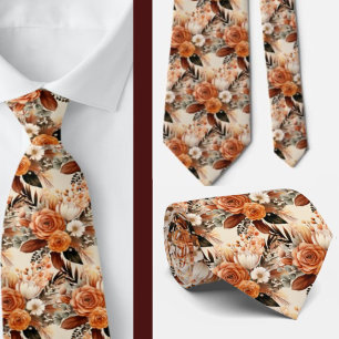 Boho Brown Gold Floral Watercolor Flowers Wedding  Tie
