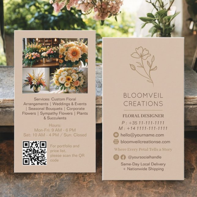 Boho brown gold minimalist florist photos qr code business card (Boho brown gold minimalist florist photos qr code business card)