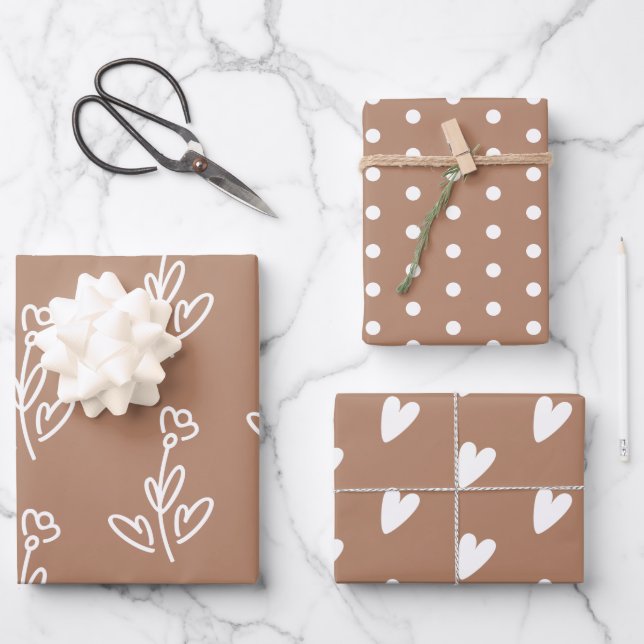 Boho Brown Hearts Flowers Polka Dots Wrapping Paper Sheet (Front)