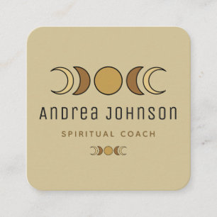 Boho Brown Moon Phases Lunar Spiritual Coach Beige Square Business Card