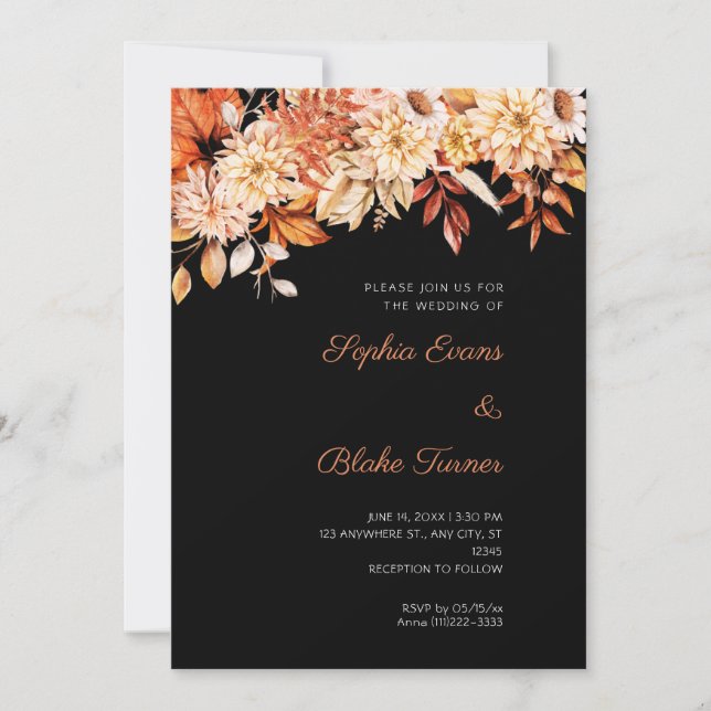 Boho Brown Orange Floral Winter Black Wedding Invitation (Front)
