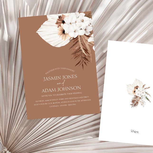 Boho Brown Pampas Grass Orchid Wedding Invitation (Boho Terracotta Brown Pampas Grass Floral Wedding Invitation)