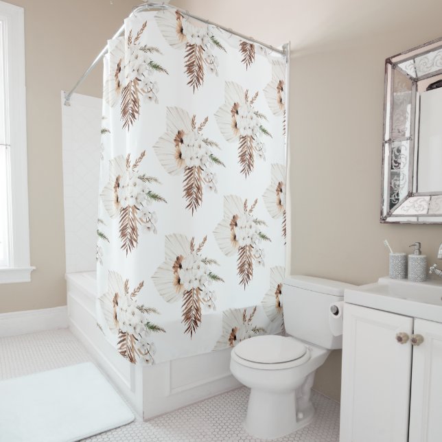 Boho Brown Pampas Grass White Orchids Monogram Shower Curtain (In Situ)
