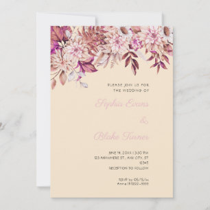 Boho Brown Pink Floral Winter Champagne Wedding Invitation