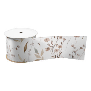 Boho Brown Pretty Floral Botanical Pattern Satin Ribbon