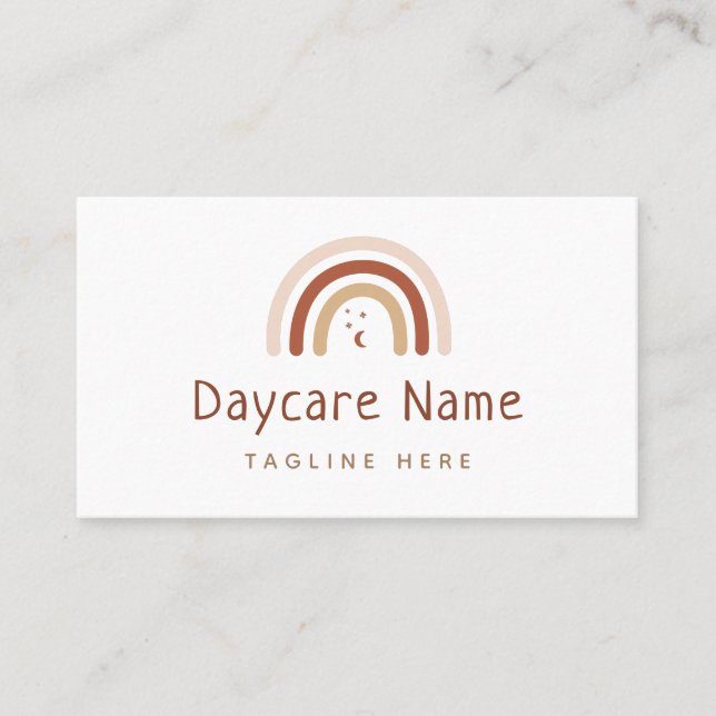 Boho Brown Rainbow Moon Stars Childcare Daycare Business Card (Front)