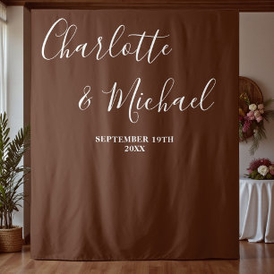 Boho Brown Script Minimalist Wedding Backdrop Tapestry