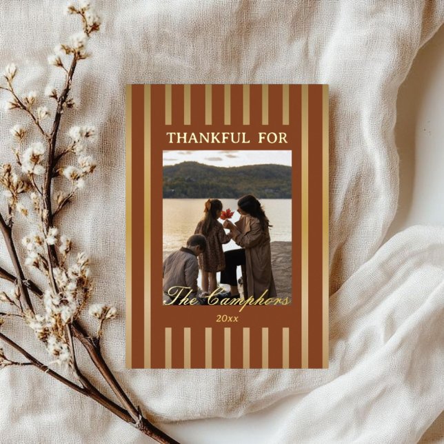 Boho Brown Stripes Thanksgiving Family Photo Gold  Foil Holiday Card (Creator Uploaded)
