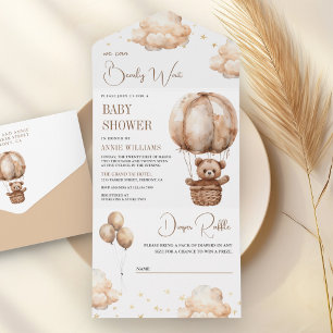 Boho Brown Teddy Bear Hot Air Balloon Baby Shower All In One Invitation