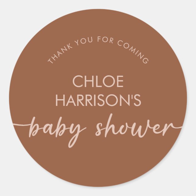 Boho Brown Terracotta Beige Script Baby Shower Classic Round Sticker (Front)