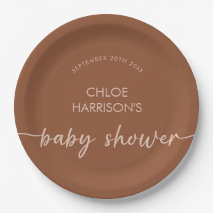 Boho Brown Terracotta Beige Script Baby Shower Paper Plate