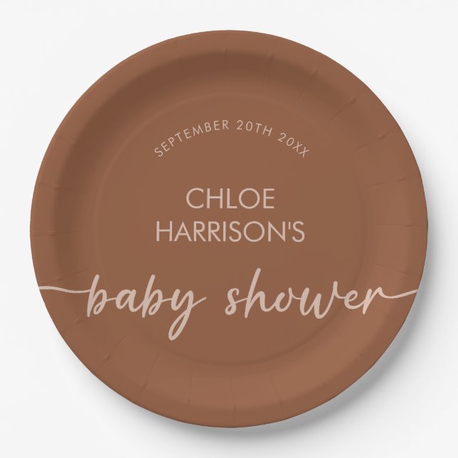 Boho Brown Terracotta Beige Script Baby Shower Paper Plate (Front)