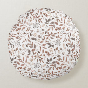 Boho Brown Terracotta Botanical Leaves  Round Cushion