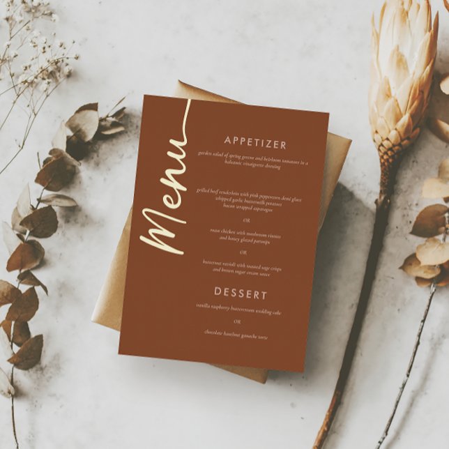Boho Brown Terracotta Gold Foil Script Menu Card (Creator Uploaded)