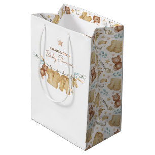Boho Brown Watercolor Clothesline Baby Shower Medium Gift Bag