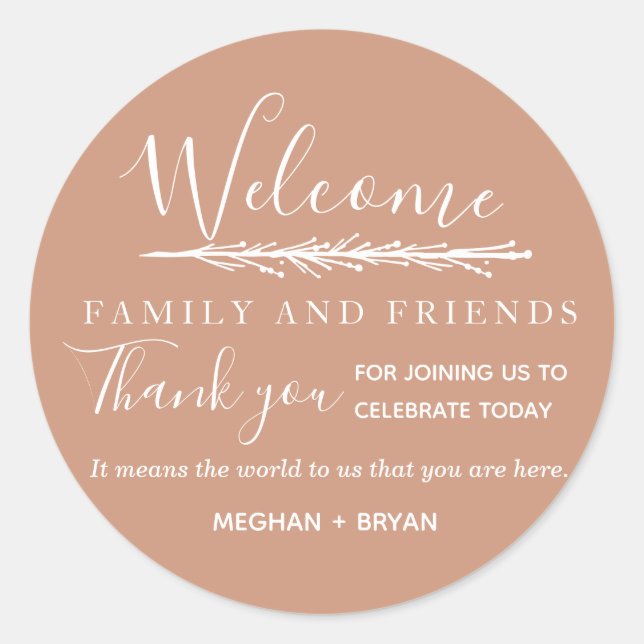 Boho Brown Welcome to Our Wedding  Classic Round Sticker (Front)