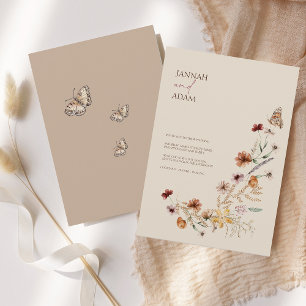 Boho Brown Wildflowers and Butterflies Wedding Invitation