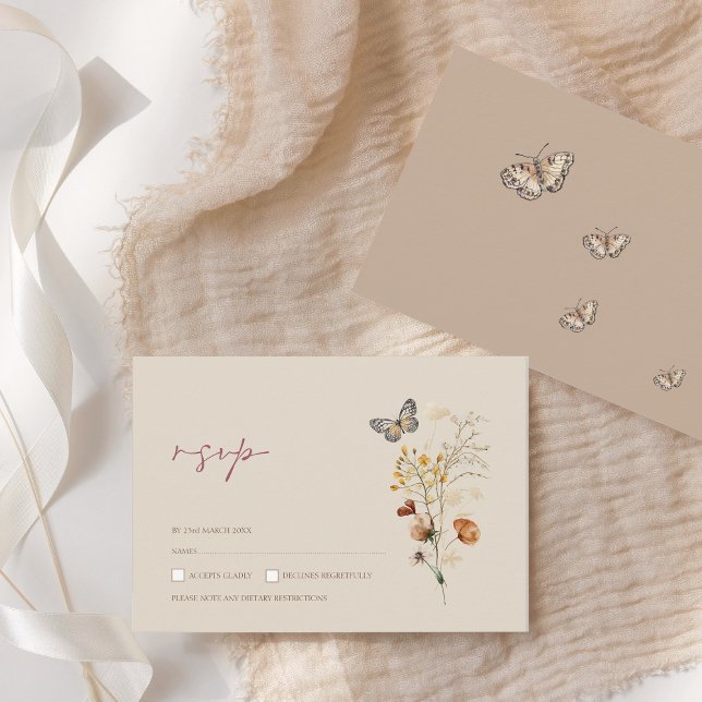 Boho Brown Wildflowers and Butterflies Wedding RSVP Card (Boho Brown Wildflowers and Butterflies Wedding RSVP Card)
