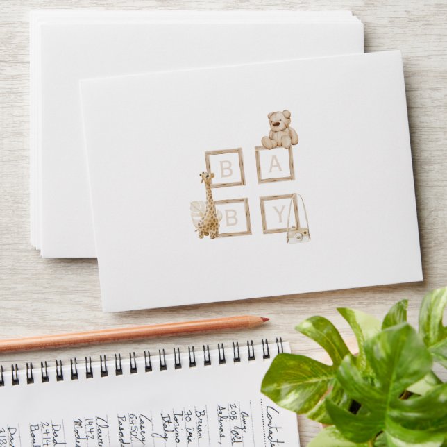 Boho Brown Wood Block Letters Baby  Envelope (Stacked)