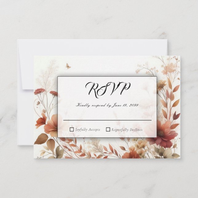 Boho Browns with Butterflies Floral Wedding RSVP Card (Front)