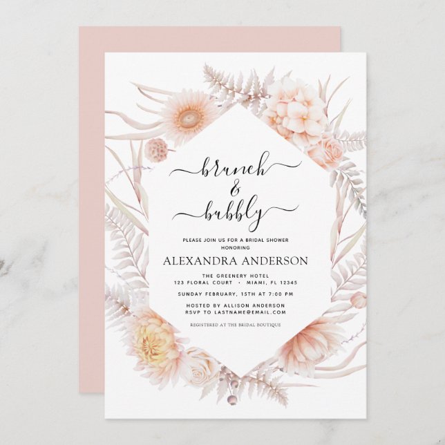 Boho Brunch & Bubbly Bridal Shower Dusty Pink Invi Invitation (Front/Back)