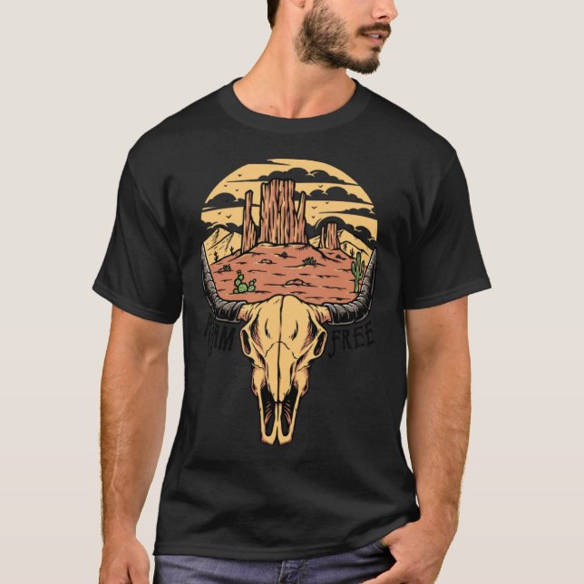 Boho Bull Skull Desert Sunset Roam Free Western Co T-Shirt (Front)