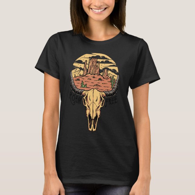 Boho Bull Skull Desert Sunset Roam Free Western Co T-Shirt (Front)