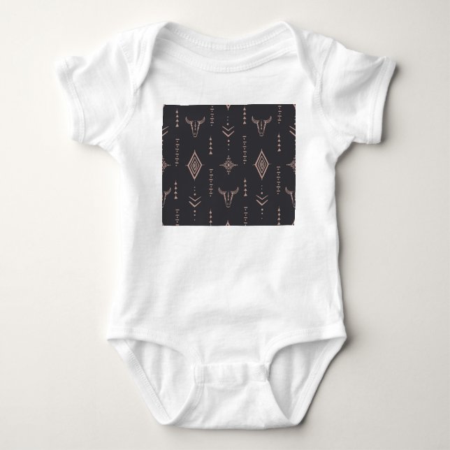 Boho bull skull, ethnic seamless. baby bodysuit (Front)