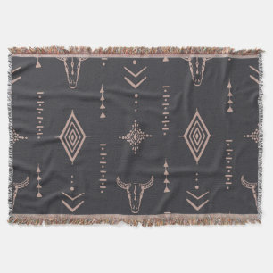 Boho bull skull, ethnic seamless. throw blanket