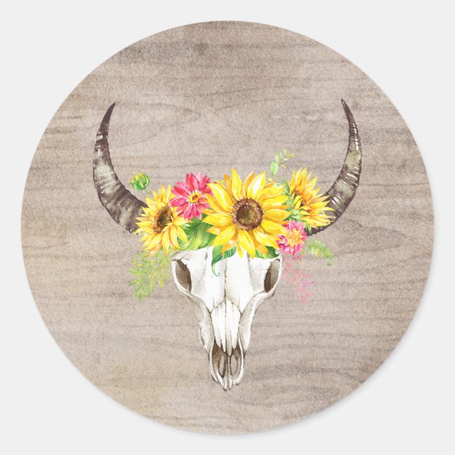Boho Bull Skull Light Wood Classic Round Sticker (Front)