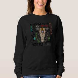 Boho Bull Skull Stay Wild Sunflower Turquoise West Sweatshirt