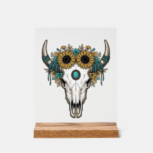 Boho Bull Skull Sunflower Vintage Western Engravin Acrylic Sign