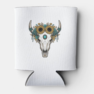 Boho Bull Skull Sunflower Vintage Western Engravin Can Cooler